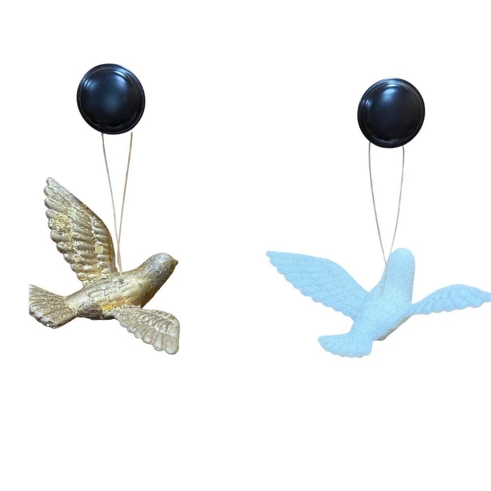 Set of 2 Glitter Bird Ornaments Gold Leaf and White Sparkle Doves Holiday Decor